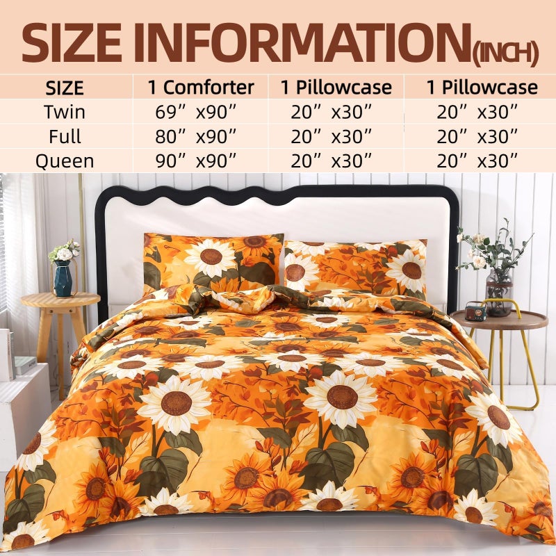 ماج طقم لحاف كامل مكون من 3 قطع عباد الشمس من MAG، أطقم سرير كاملة الحجم من الألياف الدقيقة، نمط زهرة برتقالي بوهو، يشمل كل المواسم 1 لحاف + 2 كيس وسادة للأطفال الأولاد والبنات، مسامي ومتجعد. - Image 2